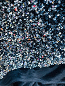 Velvet Stretch Sequins - Silver Sequins on Black 2 Way Stretch Velvet Fabric 58/60”