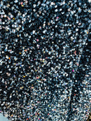 Velvet Stretch Sequins - Silver Sequins on Black 2 Way Stretch Velvet Fabric 58/60”