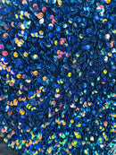 Velvet Stretch Sequins - Irisdescent Rainbow Sequins on Black 2 Way Stretch Velvet Fabric 58/60”