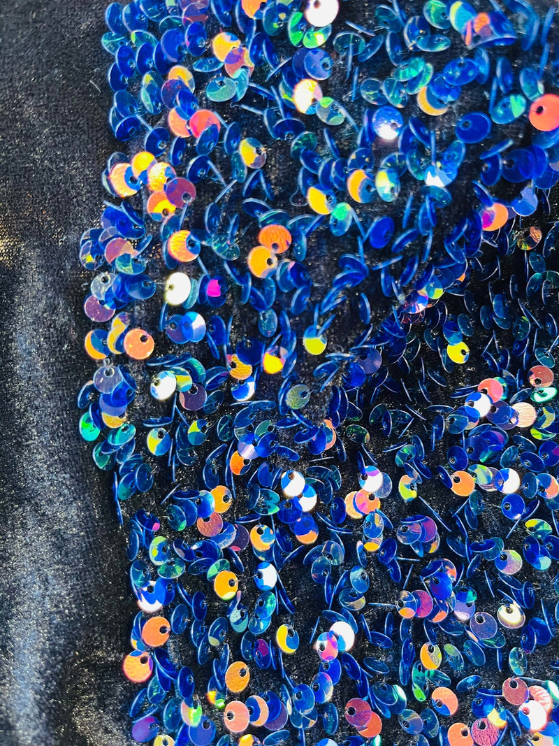 Velvet Stretch Sequins - Irisdescent Rainbow Sequins on Black 2 Way Stretch Velvet Fabric 58/60”