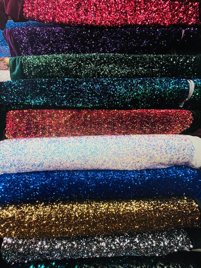 Velvet Stretch Sequins - Irisdescent Rainbow Sequins on Black 2 Way Stretch Velvet Fabric 58/60”