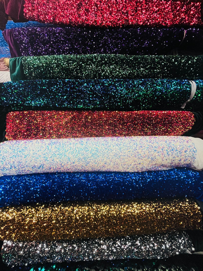 Velvet Stretch Sequins - Black  Sequins on Black 2 Way Stretch Velvet Fabric 58/60”