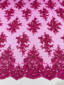 Fancy Lace Design - Fucshia - Flower Embroidery Design Mesh Fabric By The Yard