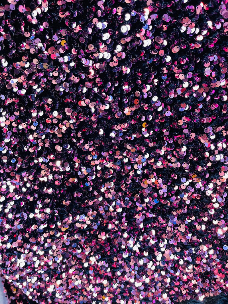 Velvet Stretch Sequins - Purple Sequins on Purple 2 Way Stretch Velvet Fabric 58/60”