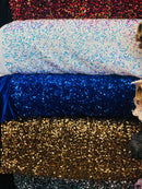 Velvet Stretch Sequins - Neon Green/ Iridescent Sequins on Black 2 Way Stretch Velvet Fabric 58/60”