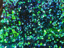 Velvet Stretch Sequins - Iridescent Green/Blue Sequins on Black 2 Way Stretch Velvet Fabric 58/60”