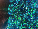 Velvet Stretch Sequins - Iridescent Green/Blue Sequins on Black 2 Way Stretch Velvet Fabric 58/60”