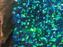 Velvet Stretch Sequins - Iridescent Green/Blue Sequins on Black 2 Way Stretch Velvet Fabric 58/60”