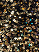 Velvet Stretch Sequins - Gold Sequins on Black 2 Way Stretch Velvet Fabric 58/60”