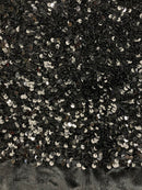 Velvet Stretch Sequins - Black  Sequins on Black 2 Way Stretch Velvet Fabric 58/60”