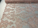 Floral - Pink - Embroided Lace Fabric Damask Pattern - Beautiful Fabrics Sold by The Yard
