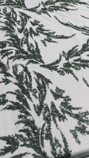 Leaf Plant Cluster Design Fabric - Hunter Green - Beaded Embroidered Leaves Design on Lace Mesh By Yard