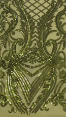 Damask Geometric Sequins - Olive Green - 4 Way Stretch Sequins Damask Pattern Design Sold By Yard