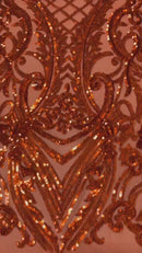 Damask Geometric Sequins - Burnt Orange - 4 Way Stretch Sequins Damask Pattern Design Sold By Yard