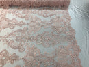 Floral - Pink - Embroided Lace Fabric Damask Pattern - Beautiful Fabrics Sold by The Yard