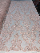 Floral - Pink - Embroided Lace Fabric Damask Pattern - Beautiful Fabrics Sold by The Yard