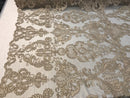 Floral - Taupe - Embroided Lace Fabric Damask Pattern - Beautiful Fabrics Sold by The Yard