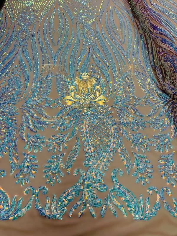 Paisley Sequin Fabric - Irridescent Aqua - Line Pattern 4 Way Stretch Elegant Fabric By The Yard