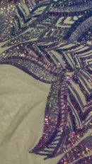 Lavender Iridescent - 4 Way Stretch Embroidered Royalty Sequins Design Fabric By Yard