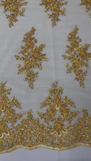 Beaded Shiny Floral Cluster - Gold - Embroidered Luxury Floral Design by Yard