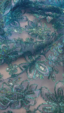 Holographic Sequins Lace - Turquoise - Flower Sequins Lace Design w/ Metallic Thread by Yard