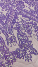 Big Damask Sequins Fabric - Iridescent Lilac - 4 Way Stretch Damask Sequins Design Fabric By Yard