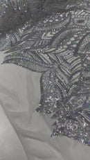 Silver - 4 Way Stretch Embroidered Royalty Sequins Fancy Design Fabric By Yard