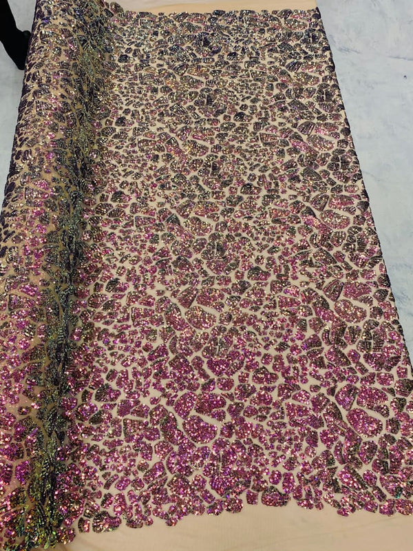2 Way Stretch Fabric - Irridescent Purple - Print Design Fashion Sequins Mesh Fabric