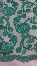 Corded Sequins Flower Lace - Teal - Corded Floral Lace With Sequins Sold By Yard