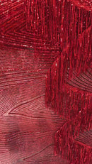 Fringe Sequins Fabric - Red - 2 Way Stretch Glamorous Fringe Design on Mesh By Yard