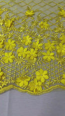 3D Floral Pearl Fabric - Yellow - 3D Triangle Flower Design on Mesh By Yard