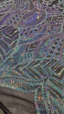 Aqua/Blue Iridescent - 4 Way Stretch Embroidered Royalty Sequins Design Fabric By Yard