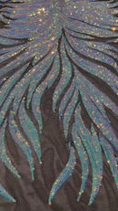 Angel Wing Sequin Design - Iridescent Aqua - Wing Patterns Embroidered with Sequins on Black Mesh By Yard