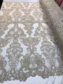 Floral - Taupe - Embroided Lace Fabric Damask Pattern - Beautiful Fabrics Sold by The Yard