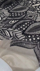 Black - 4 Way Stretch Embroidered Royalty Sequins Design Fabric By Yard