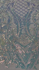 Damask Geometric Sequins - Clear Iridescent - 4 Way Stretch Sequins Damask Pattern Design Sold By Yard