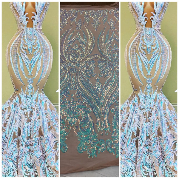 Big Damask Sequins Fabric - Iridescent Aqua - 4 Way Stretch Damask Sequins Design Fabric By Yard