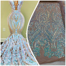 Big Damask Sequins Fabric - Iridescent Aqua - 4 Way Stretch Damask Sequins Design Fabric By Yard