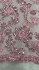Corded Sequins Flower Lace - Pink - Corded Floral Lace With Sequins Sold By Yard