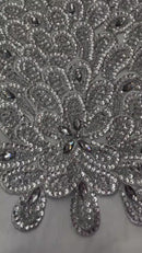 3D Beaded Peacock Feathers - Silver - Vegas Design Embroidered Sequins and Beads On a Mesh Lace Fabric (Choose The Panels)