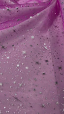 Foil Star Organza - Silver On Fuchsia - 60" Sheer Silver Star Organza Fabric Sold By Yard