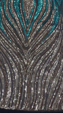 Multi-Color Fabric - Black/Turquoise/Silver - Feather Shape Sequins Fabric Sold By Yard