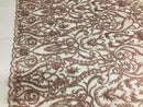 Glam Damask Beaded Fabric - Rose Gold - Embroidered Elegant Fashion Fabric with Beads on Mesh