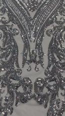 Big Damask Sequins Fabric - Silver - 4 Way Stretch Damask Sequins Design Fabric By Yard