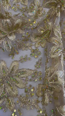 Holographic Sequins Lace - Gold - Flower Sequins Lace Design w/ Metallic Thread by Yard