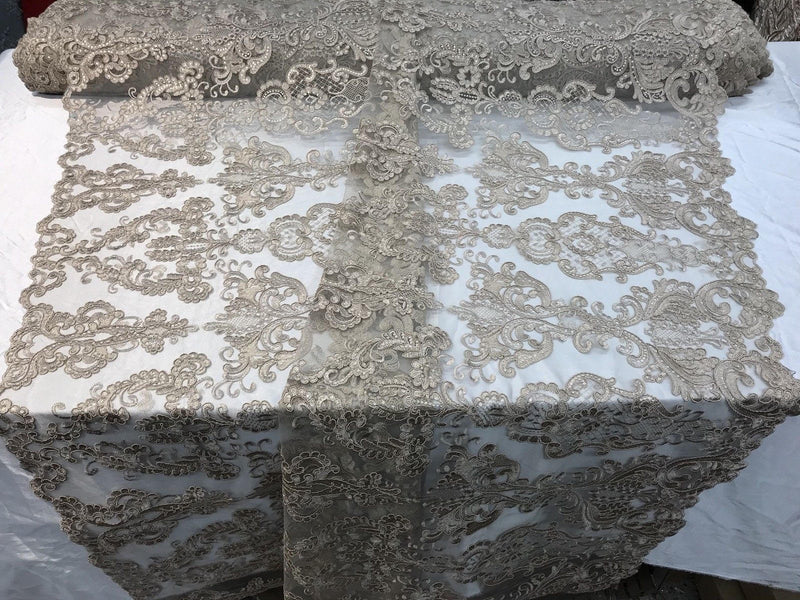 Floral - Taupe - Embroided Lace Fabric Damask Pattern - Beautiful Fabrics Sold by The Yard