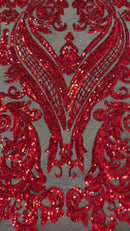 Big Damask Sequins Fabric - Red on Black - 4 Way Stretch Damask Sequins Design Fabric By Yard