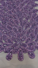 3D Beaded Peacock Feathers - Lavender - Vegas Design Embroidered Sequins and Beads On a Mesh Lace Fabric (Choose The Panels)