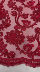 Corded Sequins Flower Lace - Red - Corded Floral Lace With Sequins Sold By Yard