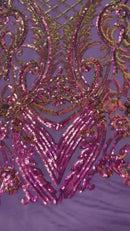 Damask Geometric Sequins - Purple Iridescent - 4 Way Stretch Sequins Damask Pattern Design Sold By Yard